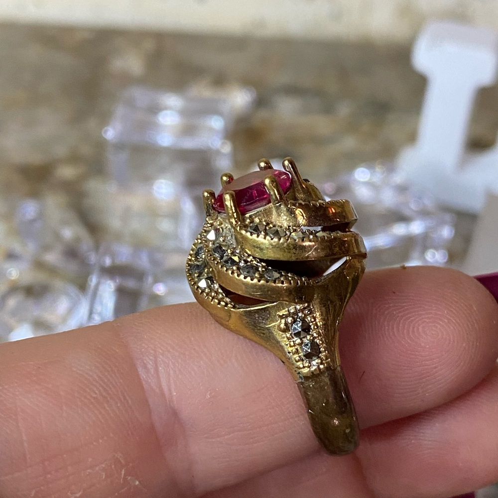 Vintage Two Tone Marcasite Ruby Ring - image 3